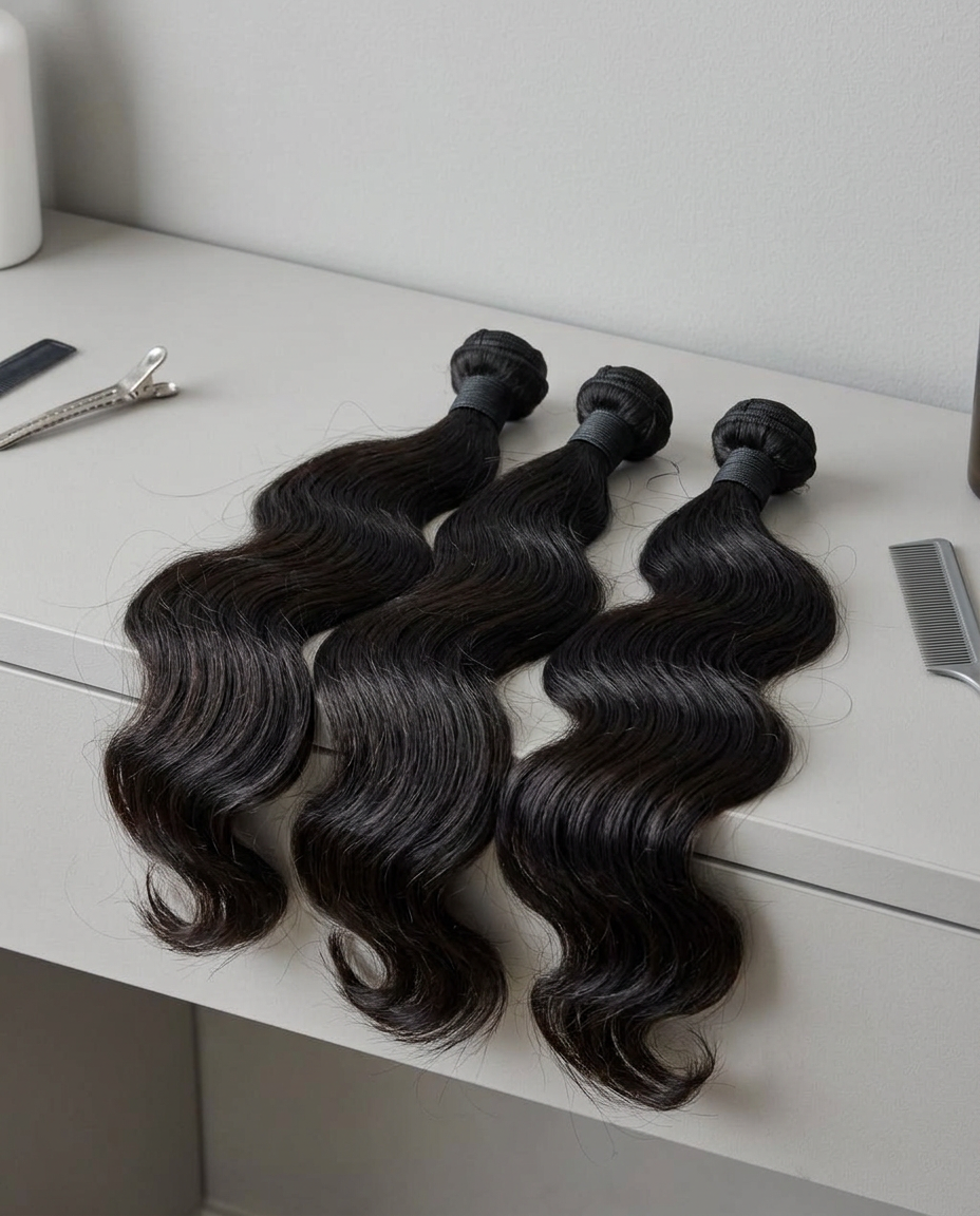 Generated editorial study of body-wave hair bundles