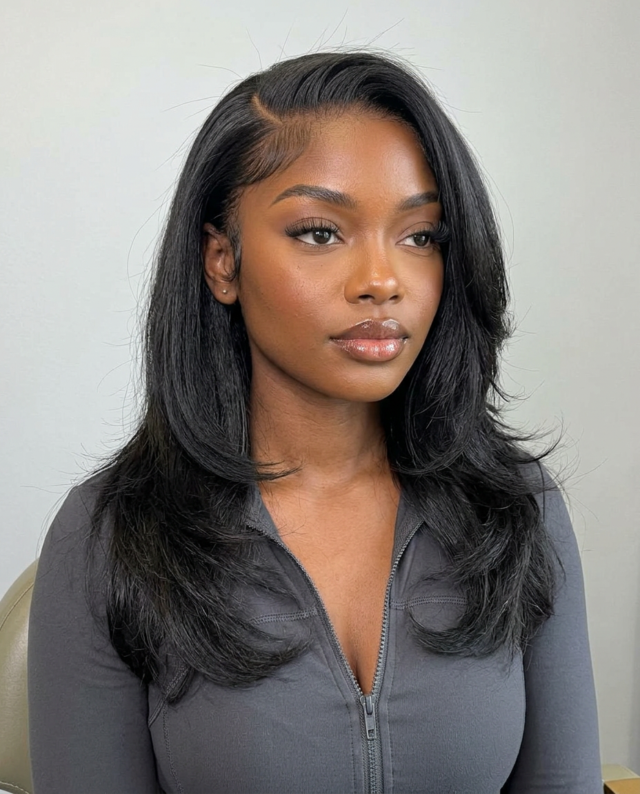 Generated salon portrait with a side-parted blowout