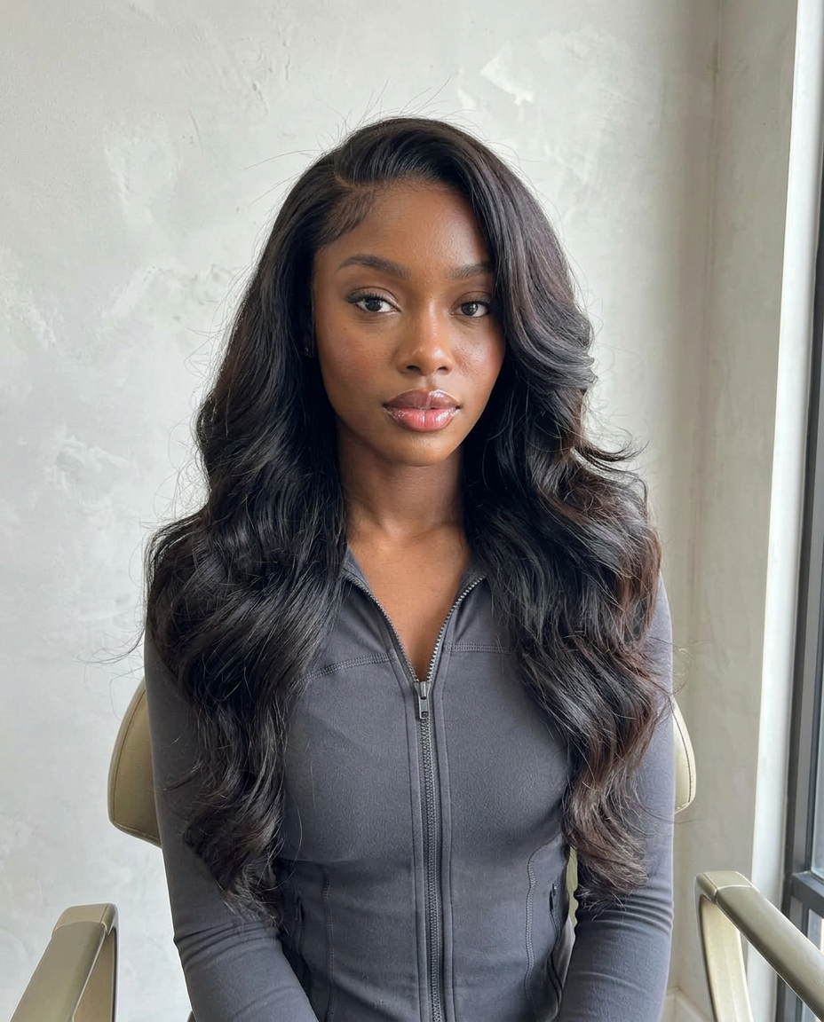 Generated editorial portrait with long body-wave hair