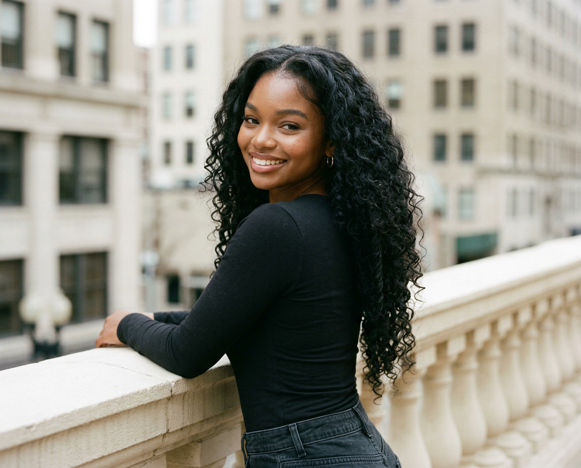 Generated lifestyle editorial of a woman with long curls on a city terrace