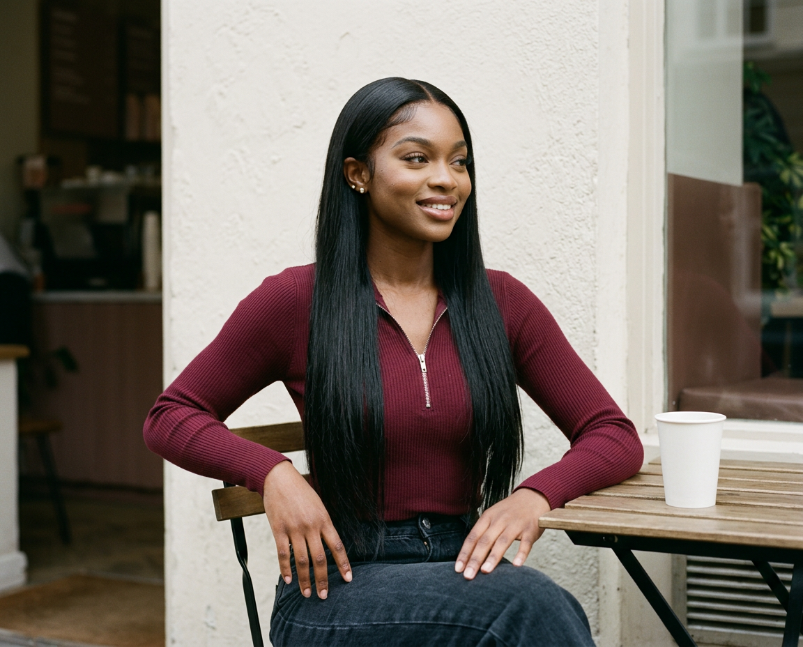 Generated lifestyle editorial of a woman with long straight hair at a café