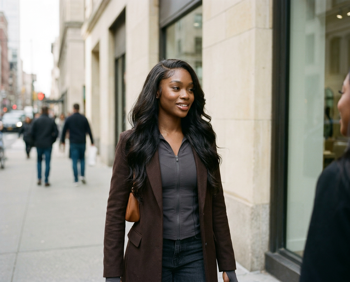 Generated lifestyle editorial of a woman with long waves walking in the city